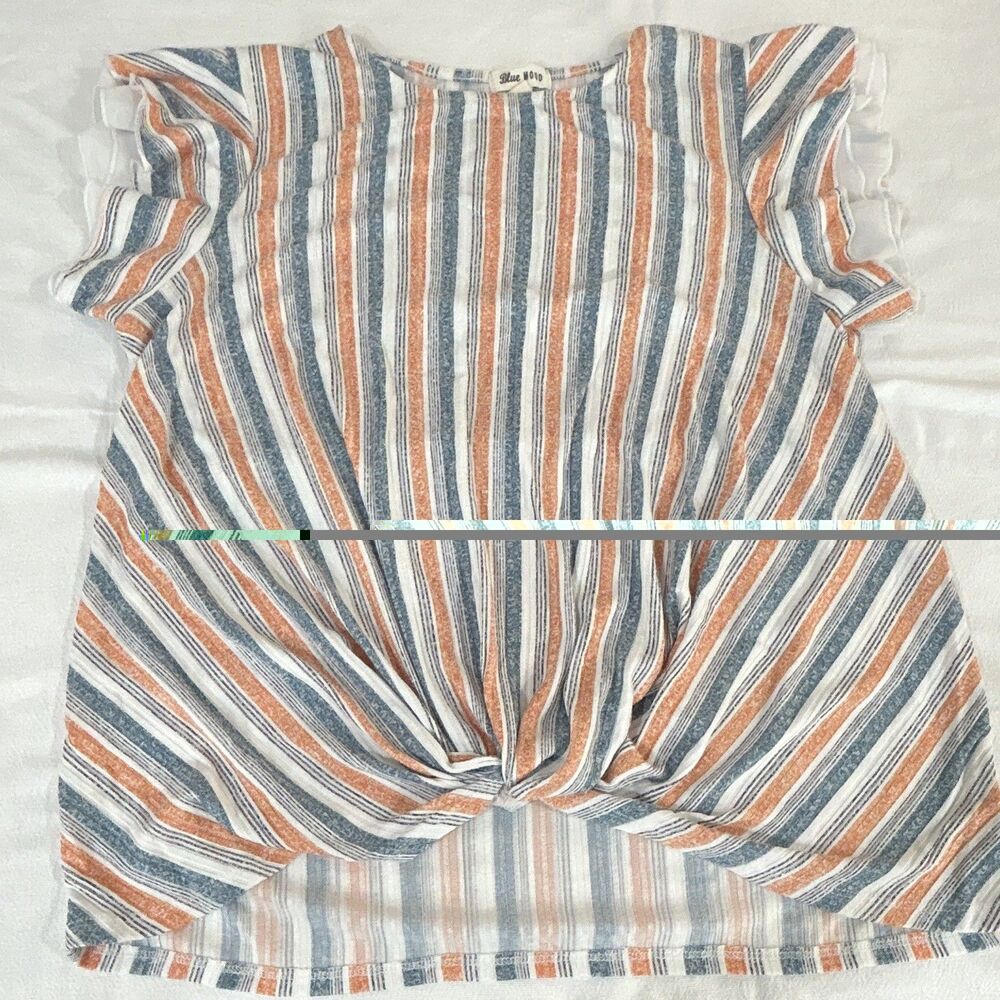 Blue Mood Women's 1X Striped Knit Ruffle Short Sleeve Twist Front Pullover 0033